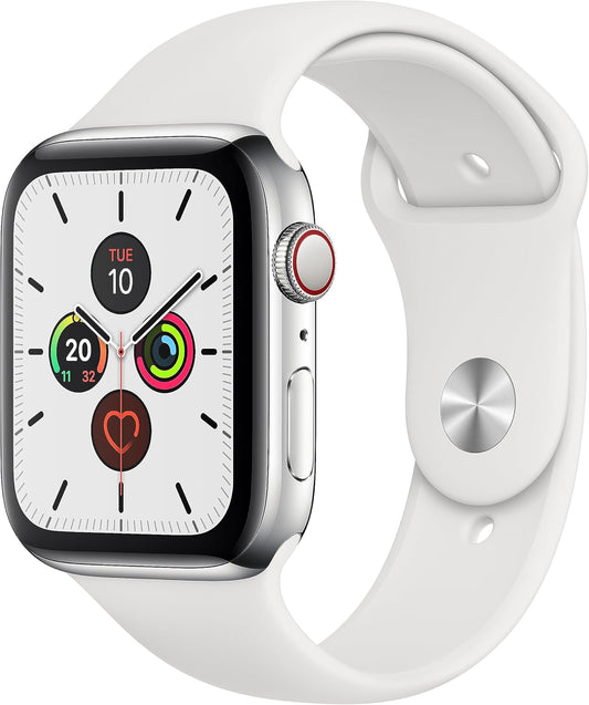 Apple Watch Series 5 (GPS + Cellular, 44 mm) Stainless Steel Case - Sports Strap White