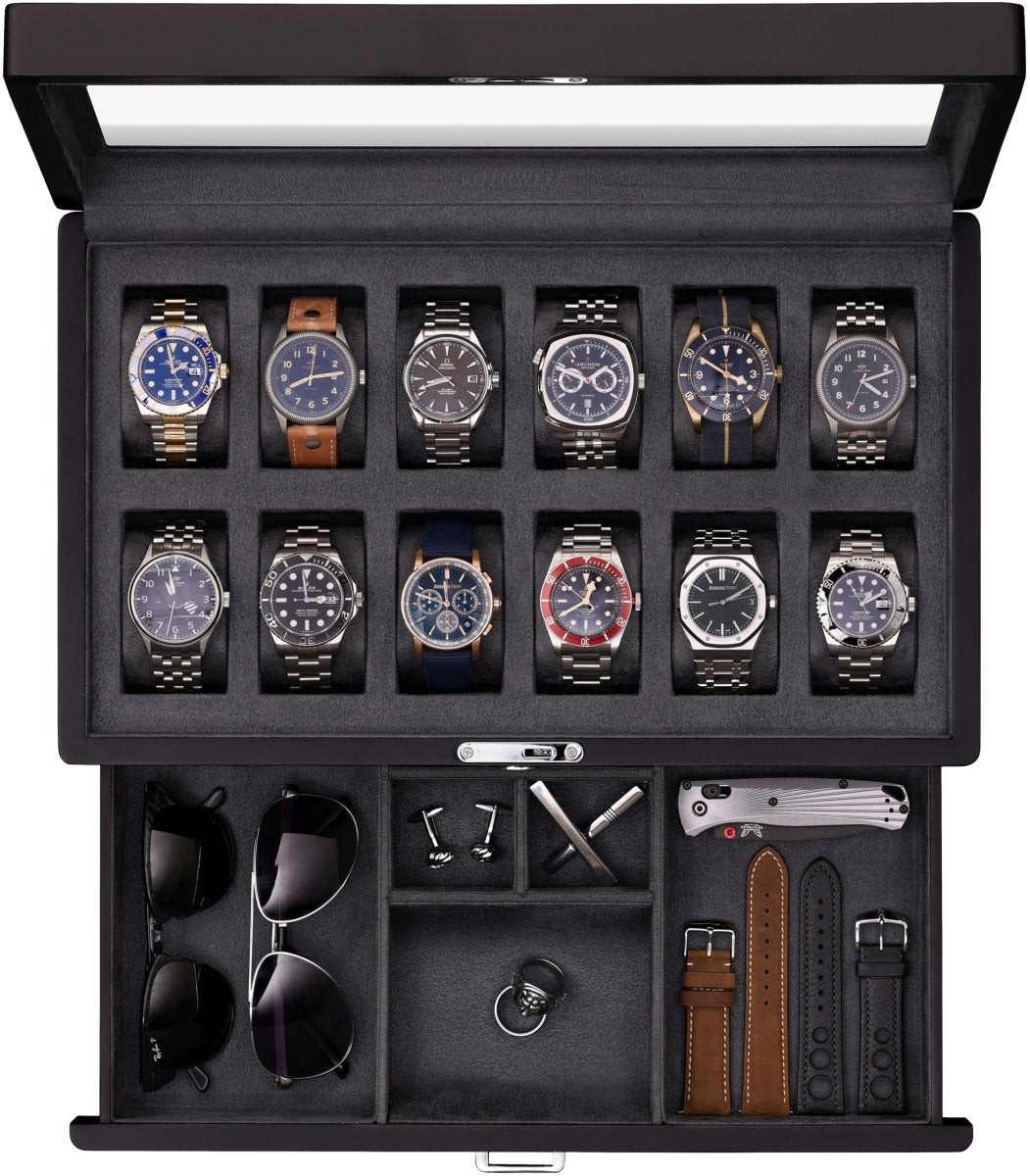 12 - Slot Matte Black Watch Box with Valet Drawers – collection_name – Luxury Collection – Amazon affiliate