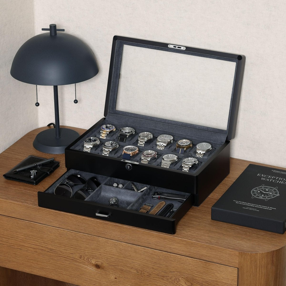 12 - Slot Matte Black Watch Box with Valet Drawers – collection_name – Luxury Collection – Amazon affiliate