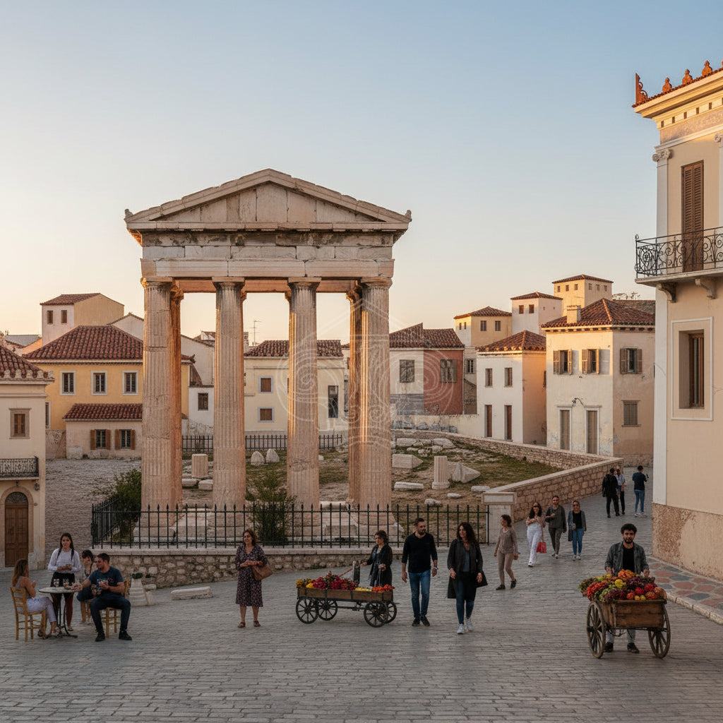 Vintage-style illustration of an ancient Greek or Roman city scene with a large classical temple in the center, surrounding buildings, and small figures of people walking and sitting in the foreground.