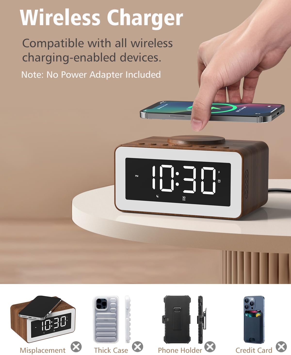5 in 1 Alarm Clocks Bedside with Wireless Charger