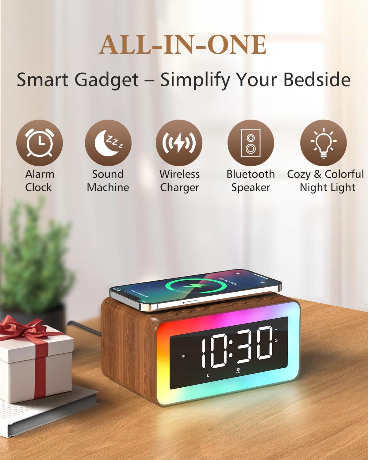 5 in 1 Alarm Clocks Bedside with Wireless Charger