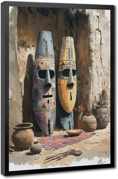 A framed painting depicting two tall, carved African-style masks standing in a rustic interior with clay pots, a rug, and earthy walls. The artwork is shown in a black frame against a white background.
