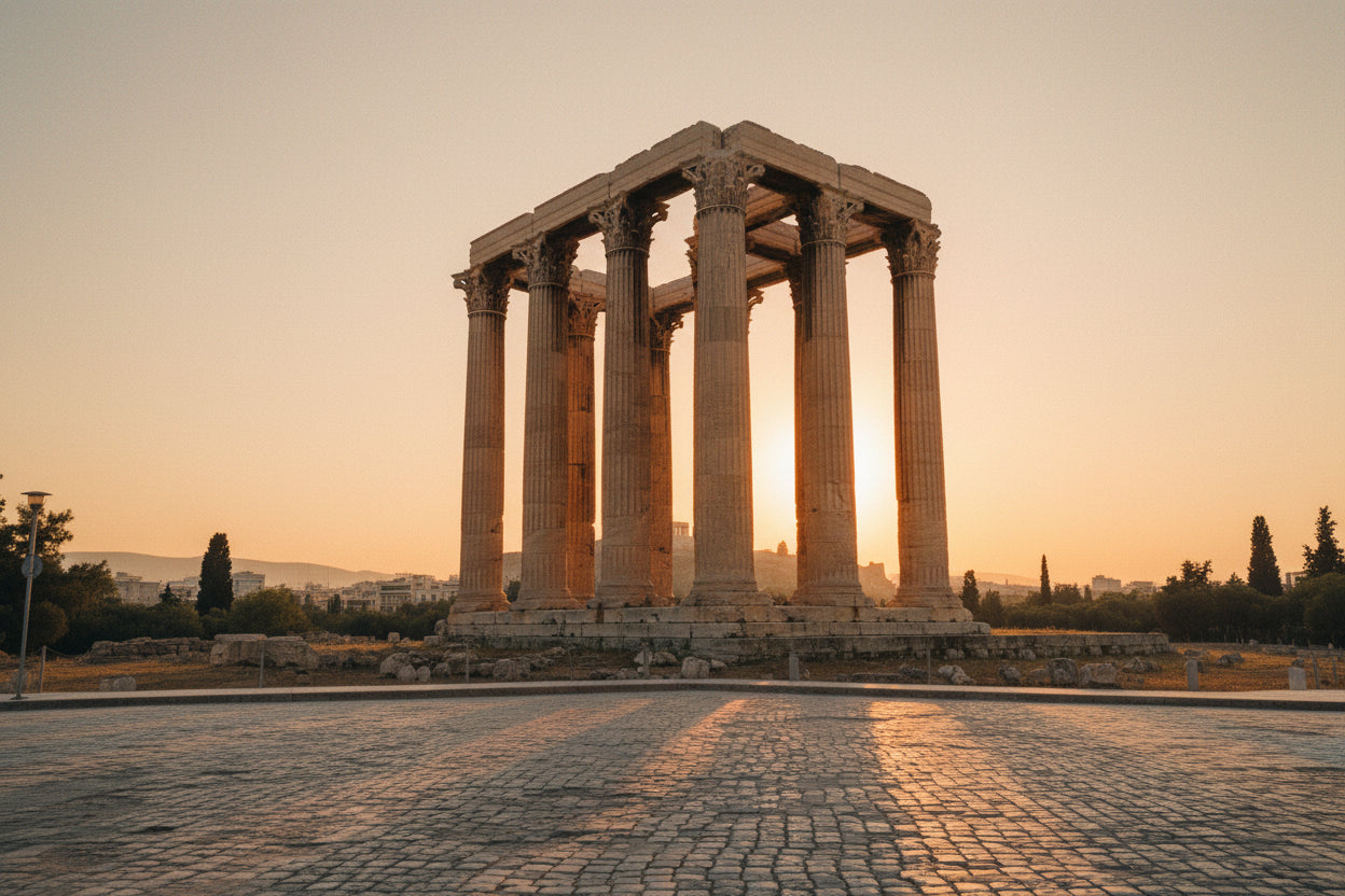 Ancient stone columns of a Greek temple rising upward against a pale blue sky.