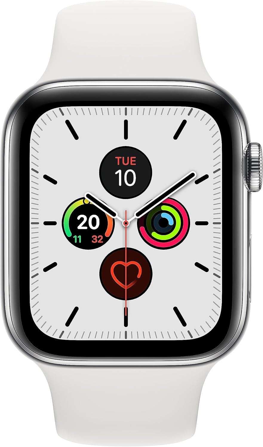 Apple Watch Series 5 (GPS + Cellular, 44 mm) Stainless Steel Case - Sports Strap White