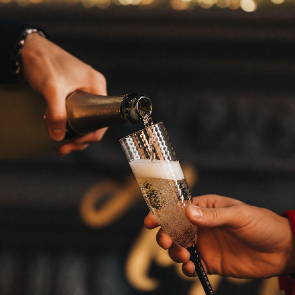 A close-up lifestyle shot of champagne being poured from a bottle into a clear champagne flute held by a person, with a blurred elegant background.