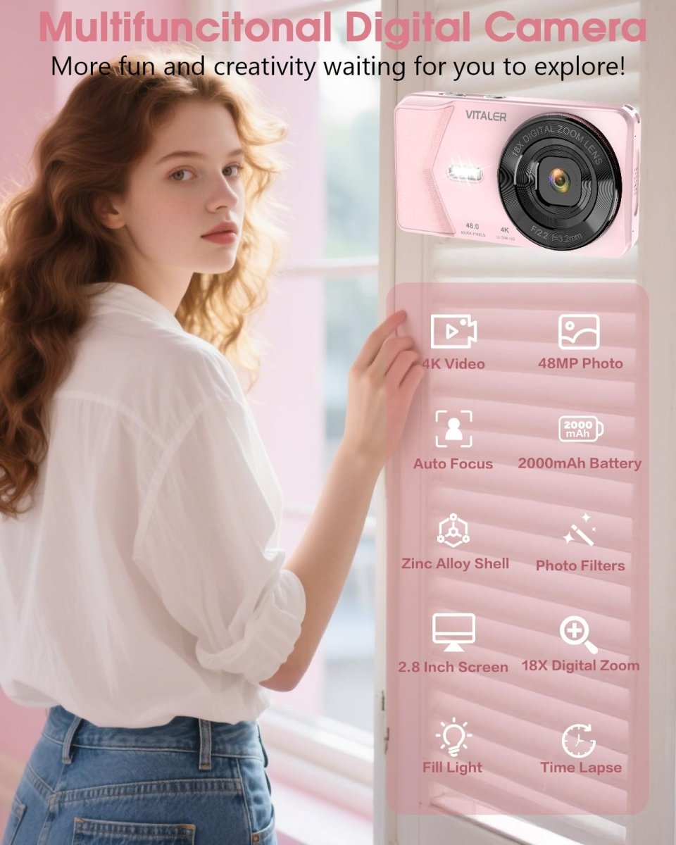 Digital Camera 4K 64MP Compact Camera with Dual Lens,2000mAh Battery, four colours