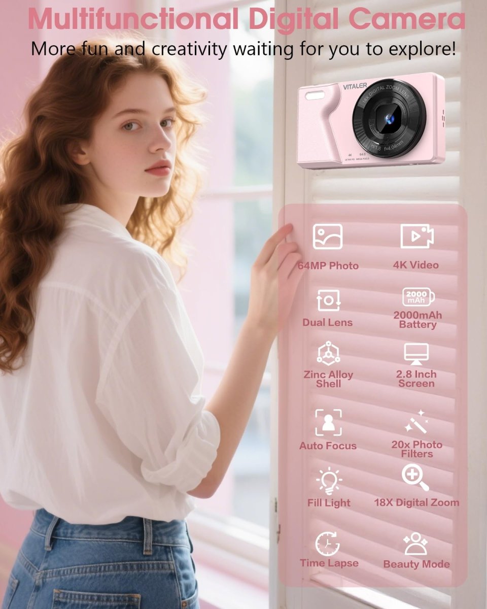 Digital Camera 4K 64MP Compact Camera with Dual Lens,2000mAh Battery, four colours
