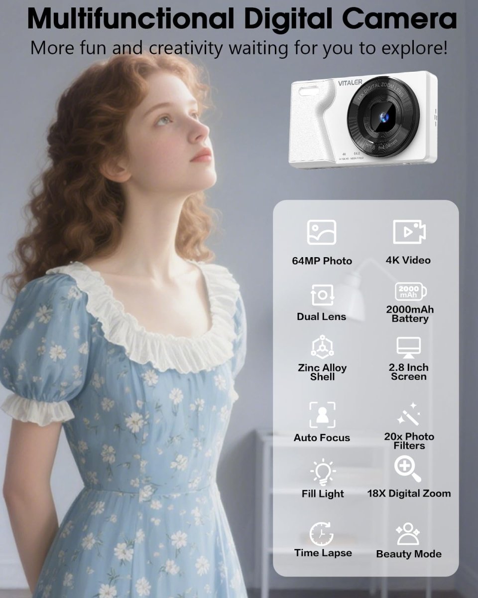 Digital Camera 4K 64MP Compact Camera with Dual Lens,2000mAh Battery, four colours