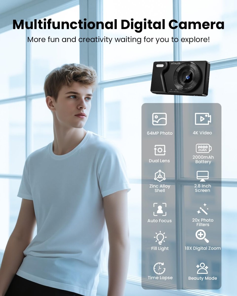 Digital Camera 4K 64MP Compact Camera with Dual Lens,2000mAh Battery, four colours