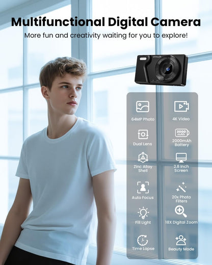 Digital Camera 4K 64MP Compact Camera with Dual Lens,2000mAh Battery, four colours