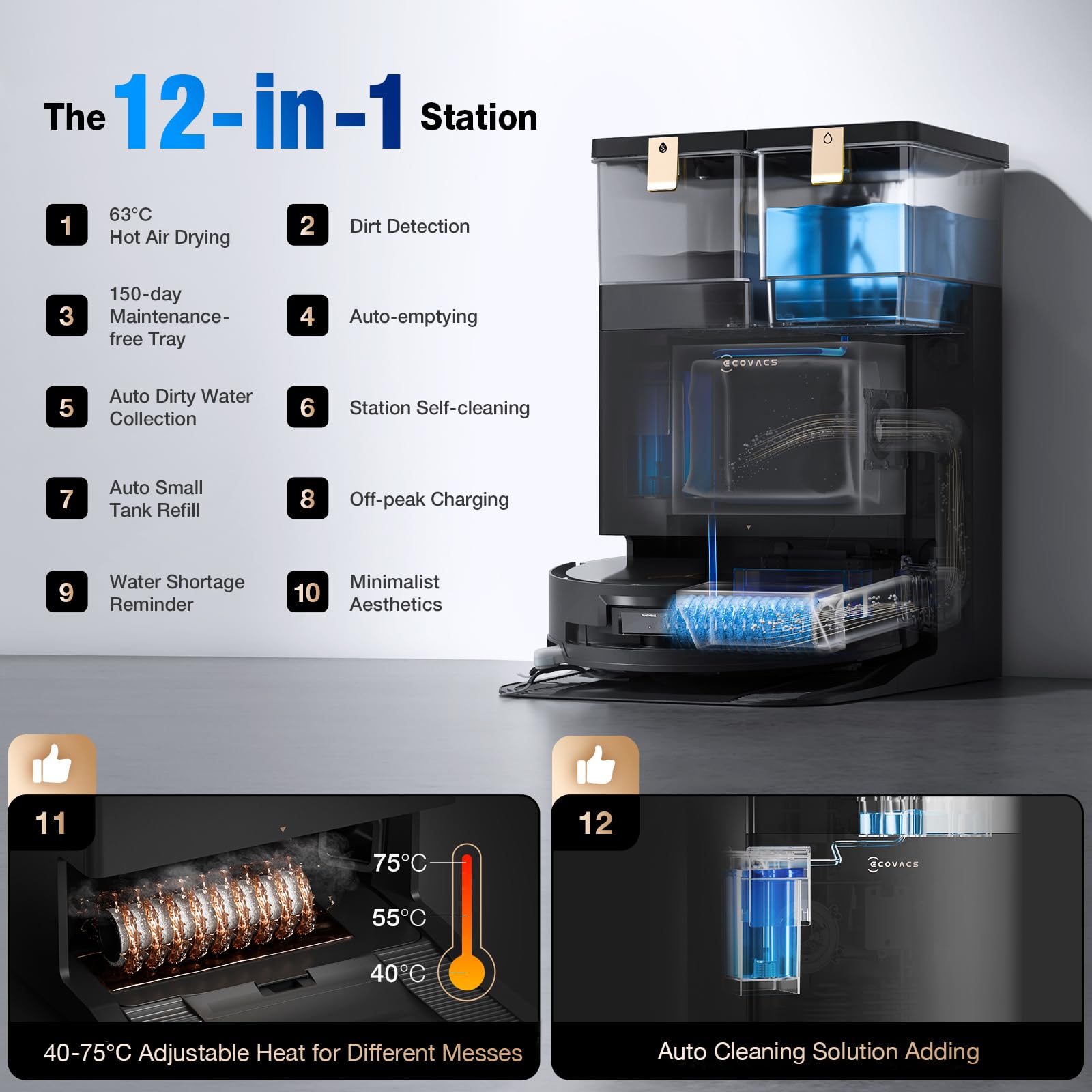 ECOVACS DEEBOT X8 PRO OMNI Robot Vacuum and Mop, 18000Pa, OZMO ROLLER Instant Self - Washing Mopping, 40 - 75℃ Hot Water
