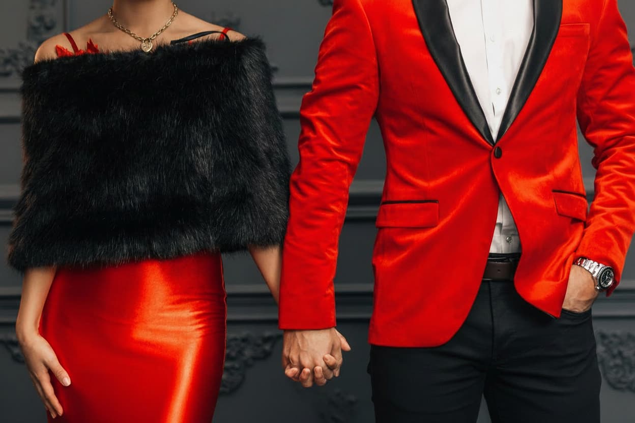 Person wearing a red outfit with a black fur stole and another person in a red blazer holding hands against a dark background.