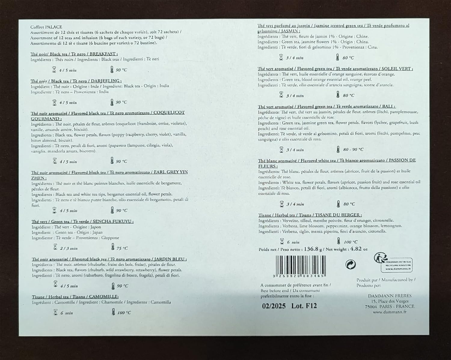 Palace Gift Set, Tea Box with Collection of Flavoured Teas, 72 Enveloped Cristal Teabags (136g/4.8oz),