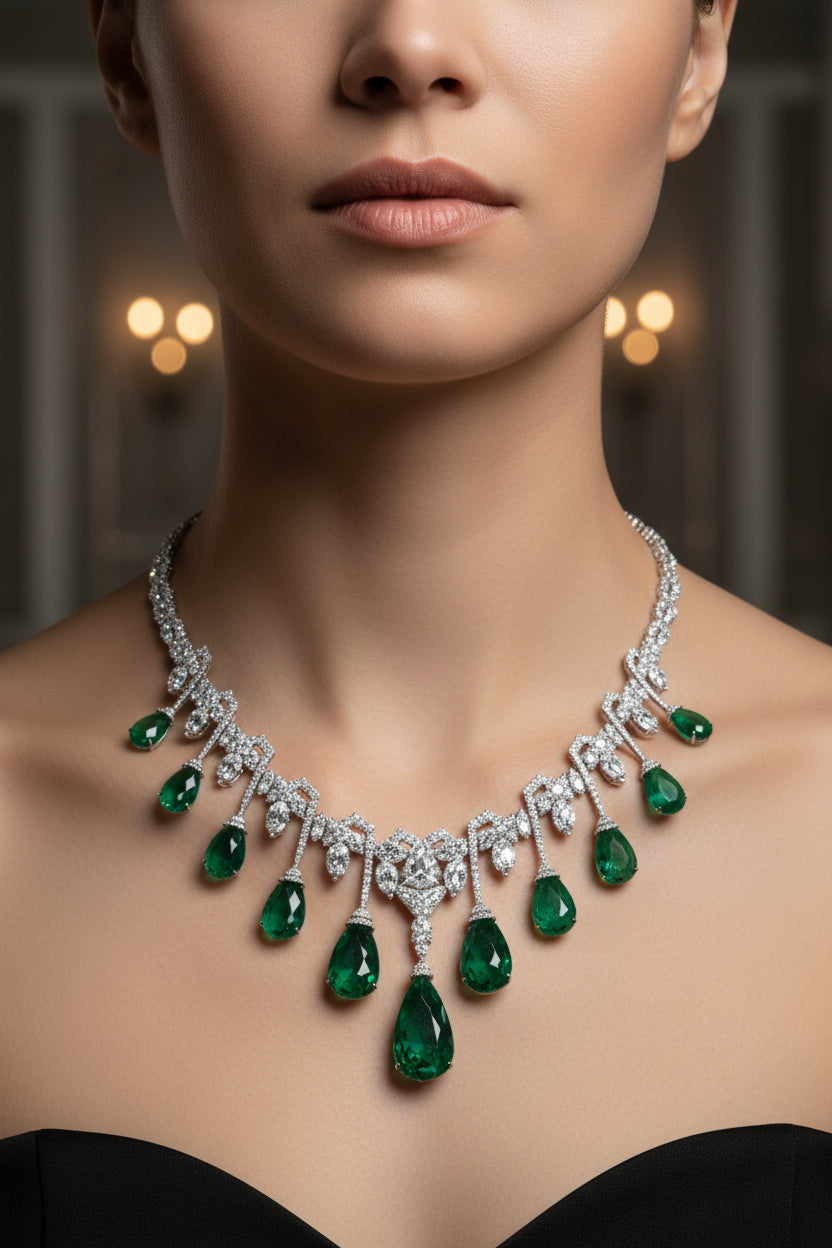 A black jewelry bust displaying a diamond and emerald necklace, set in the center of a wide, empty cobblestone street lined with classic Parisian buildings at dusk.